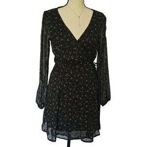 Abercrombie & Fitch Black Floral Wrap Dress Sz L Long Sleeve Mini Boho Romantic